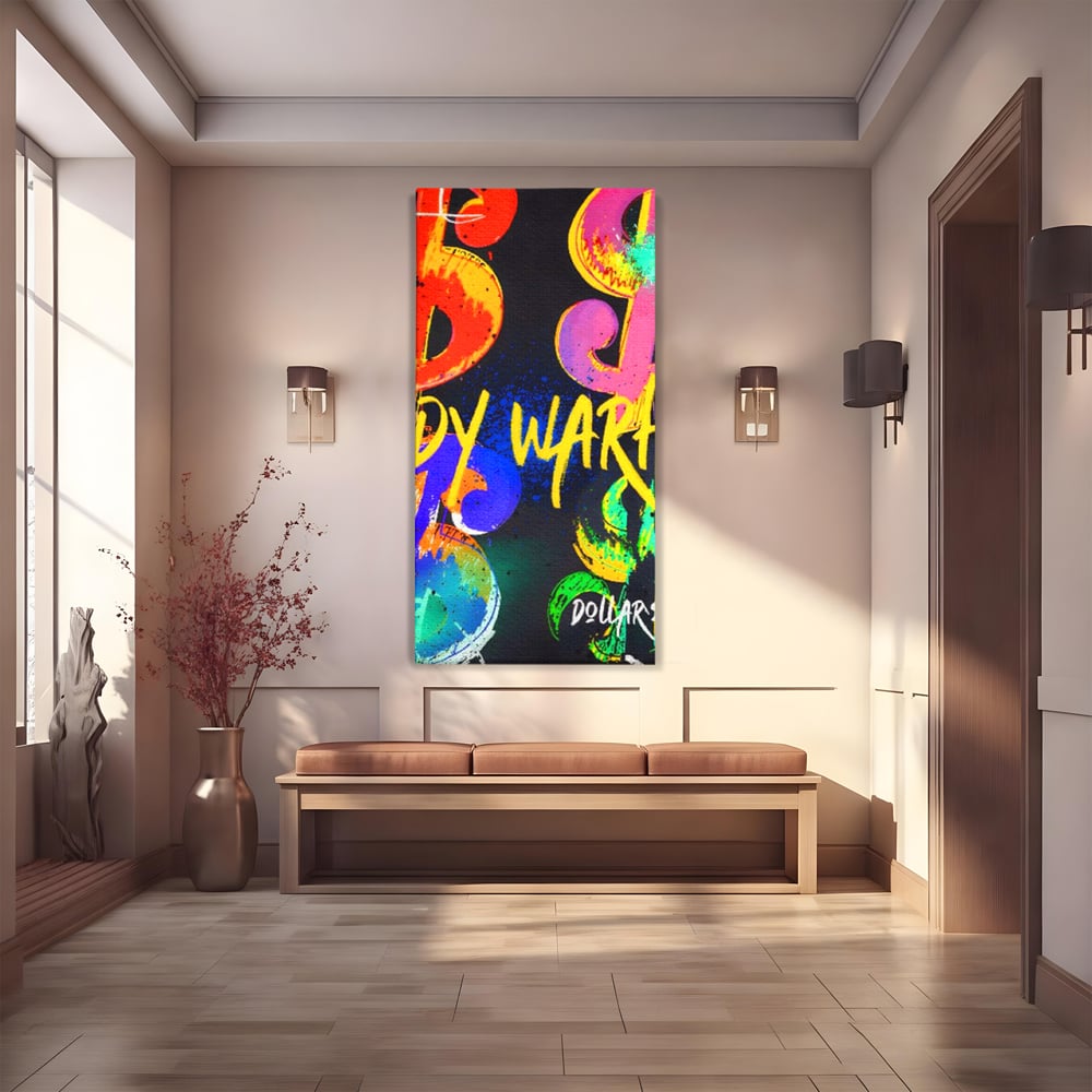 Tablou canvas cu tablou canvas cu simboluri dollar colorate, fara rama, pe sasiu de lemn