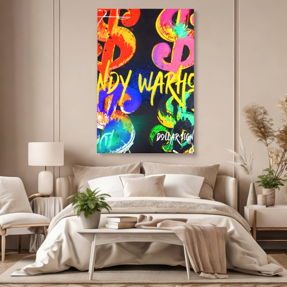 Tablou canvas cu tablou canvas cu simboluri dollar colorate, fara rama, pe sasiu de lemn, pe perete intr-un dormitor