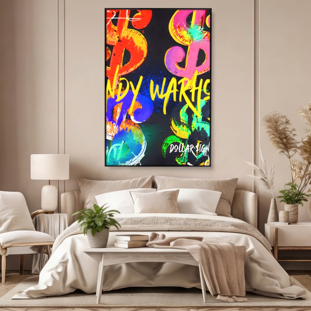 Tablou canvas cu tablou canvas cu simboluri dollar colorate, in rama de aluminiu negru, pe perete intr-un dormitor
