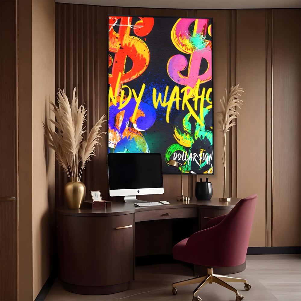 Tablou canvas cu tablou canvas cu simboluri dollar colorate, in rama de aluminiu negru, pe perete intr-un birou