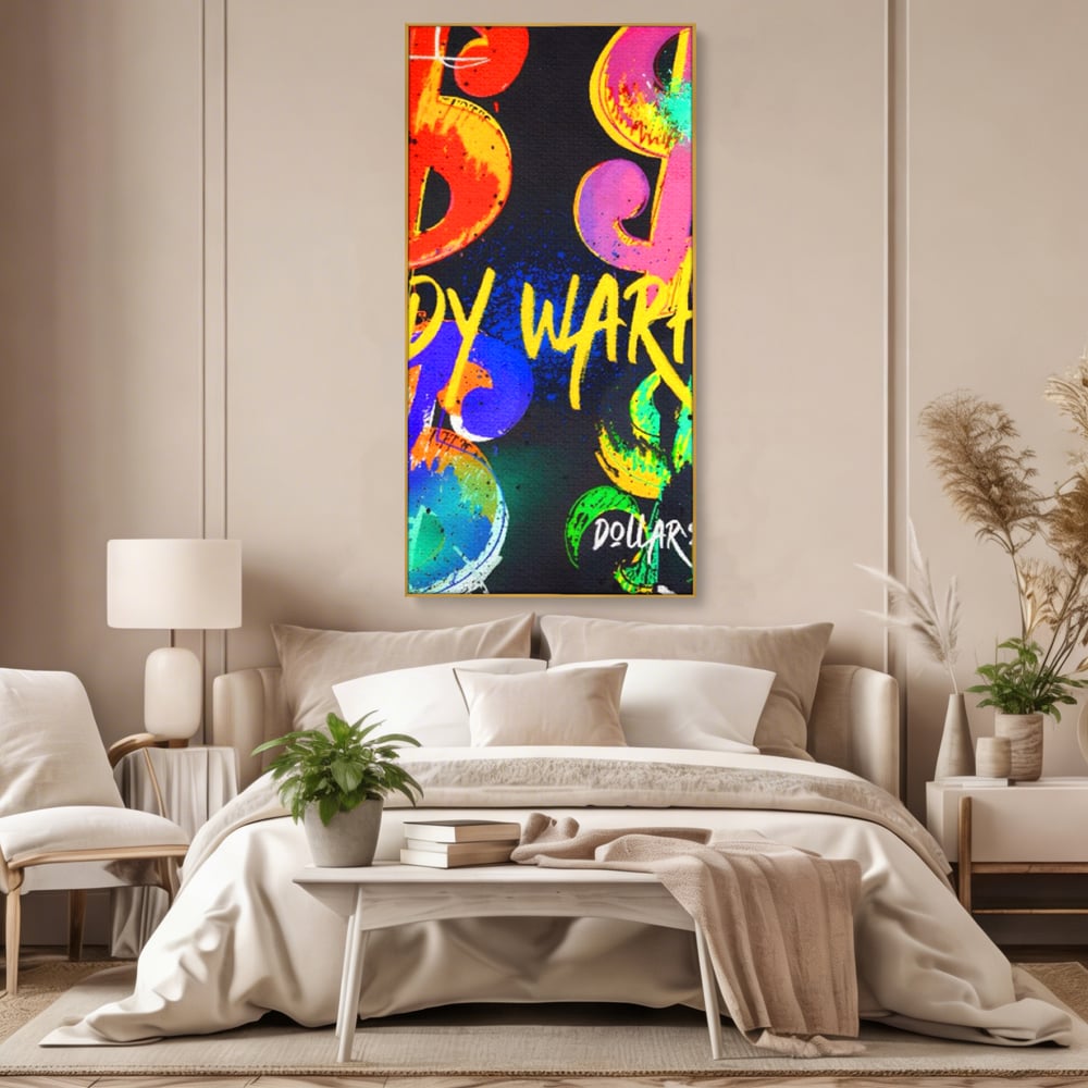 Tablou canvas cu tablou canvas cu simboluri dollar colorate, in rama de aluminiu auriu, pe perete intr-un dormitor