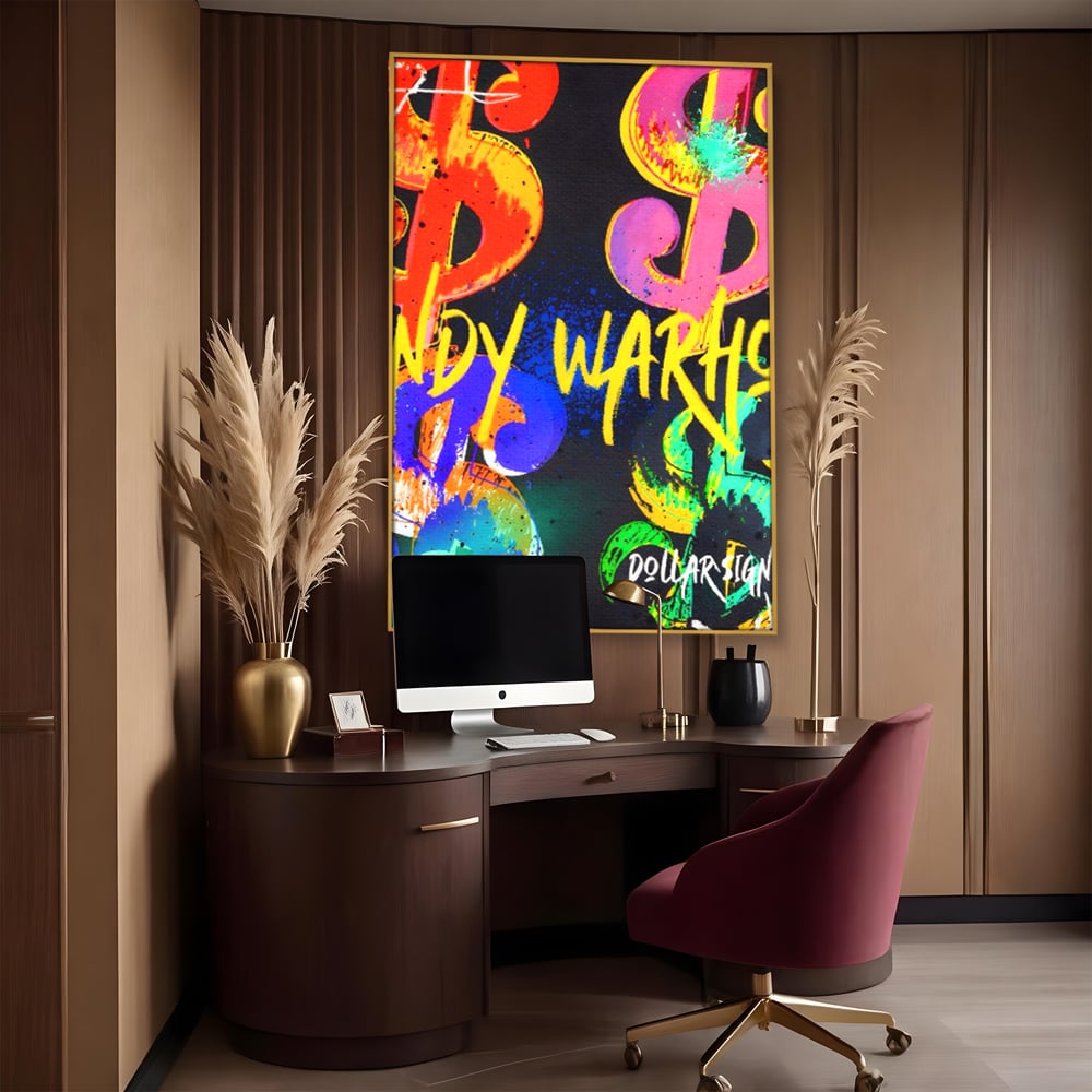 Tablou canvas cu tablou canvas cu simboluri dollar colorate, in rama de aluminiu auriu, pe perete intr-un birou