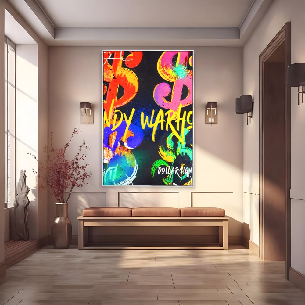 Tablou canvas cu tablou canvas cu simboluri dollar colorate, in rama de aluminiu argintiu