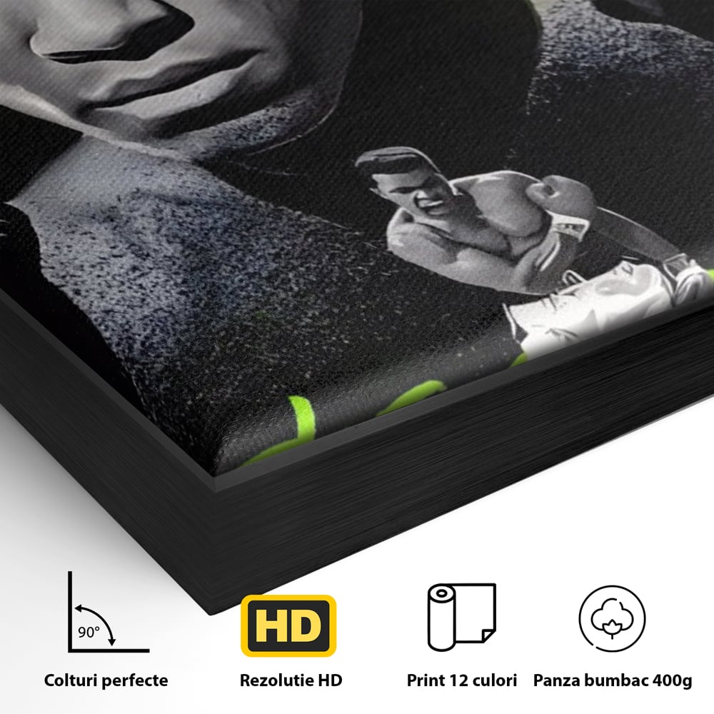 Detaliu al suprafetei: tablou canvas cu portretul lui muhammad ali, in rama de aluminiu negru