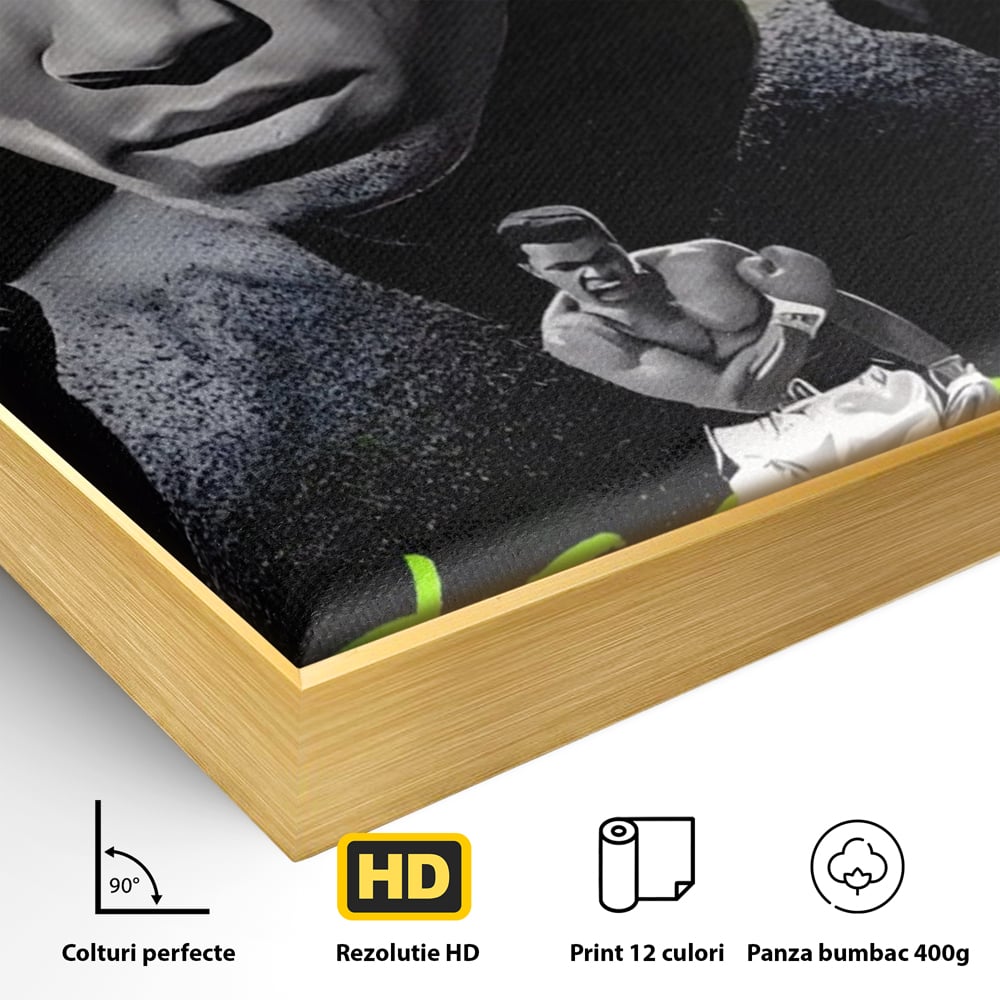 Detaliu al suprafetei: tablou canvas cu portretul lui muhammad ali, in rama de aluminiu auriu