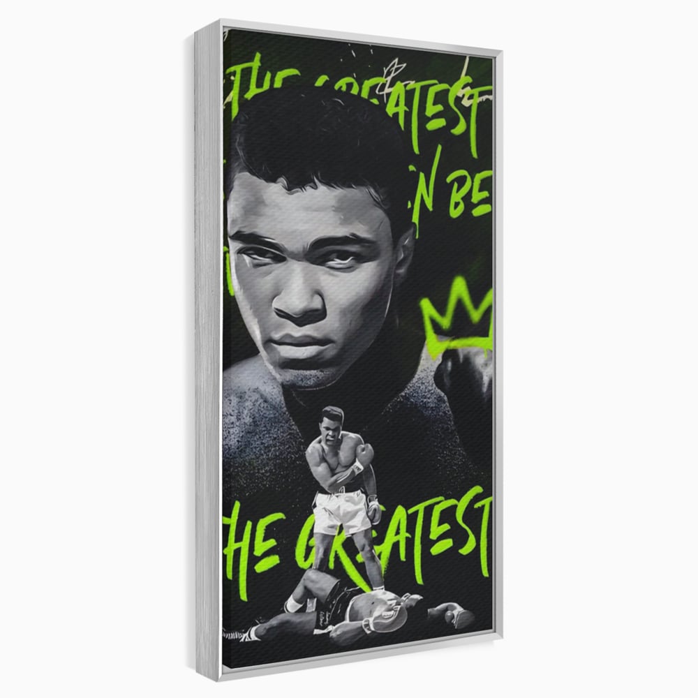 Tablou canvas cu tablou canvas cu portretul lui muhammad ali, in rama de aluminiu argintiu