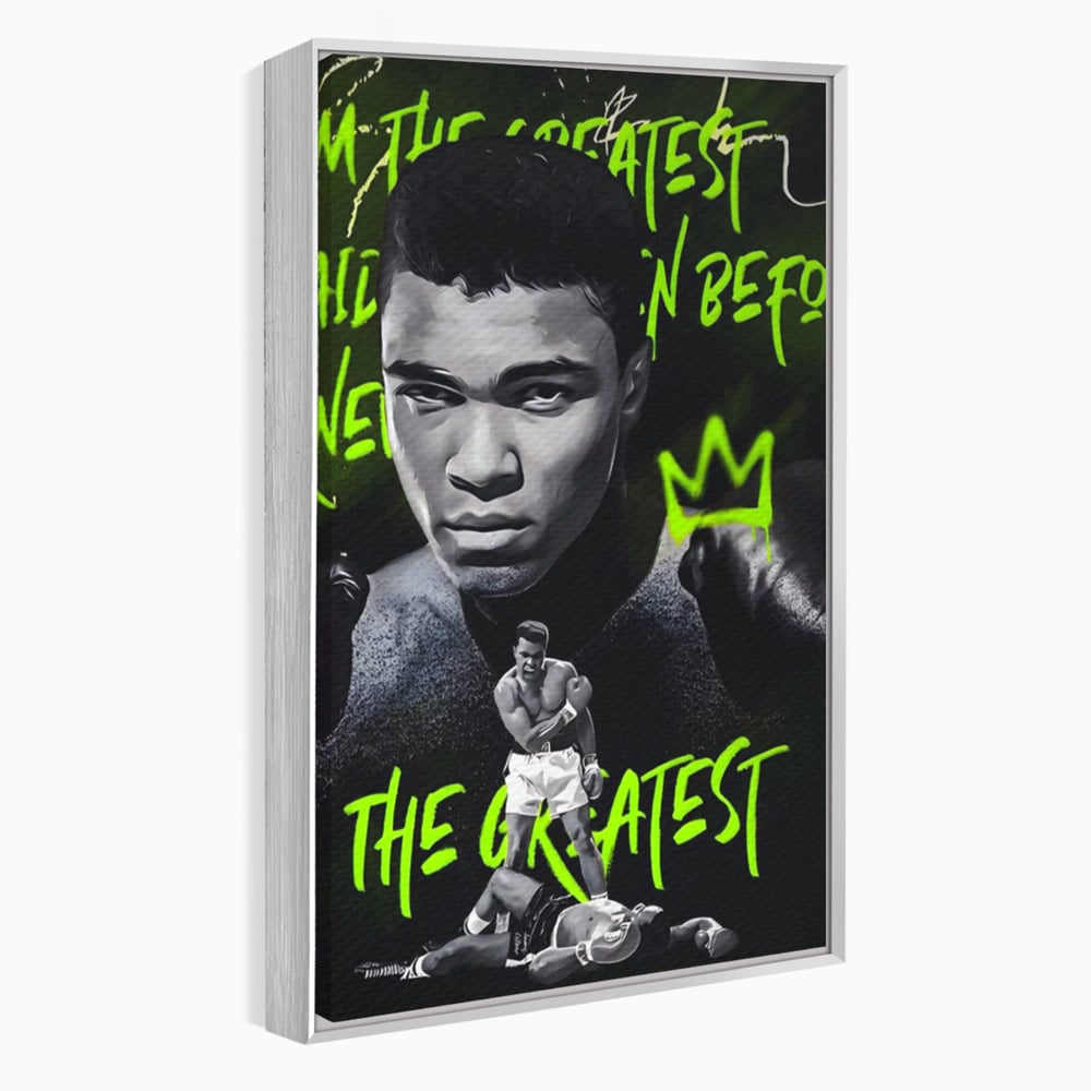 Tablou canvas cu tablou canvas cu portretul lui muhammad ali, in rama de aluminiu argintiu