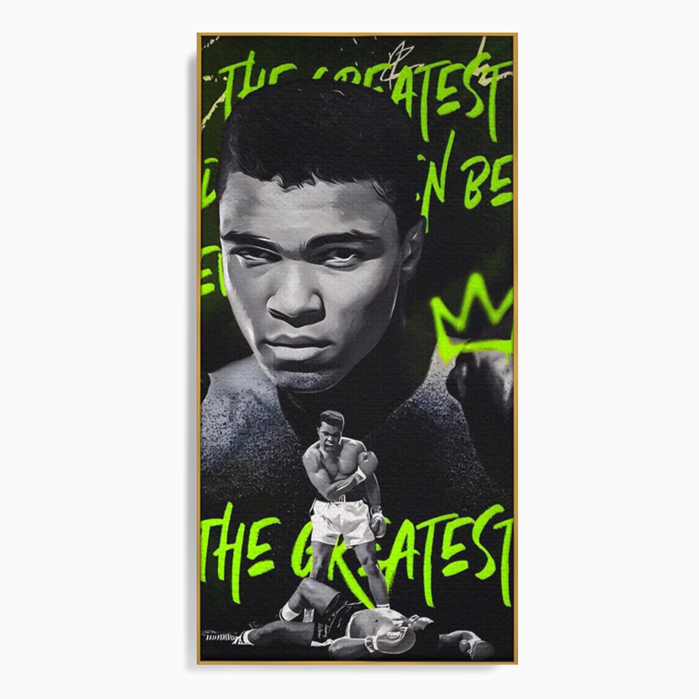 Tablou canvas cu tablou canvas cu portretul lui muhammad ali, in rama de aluminiu auriu