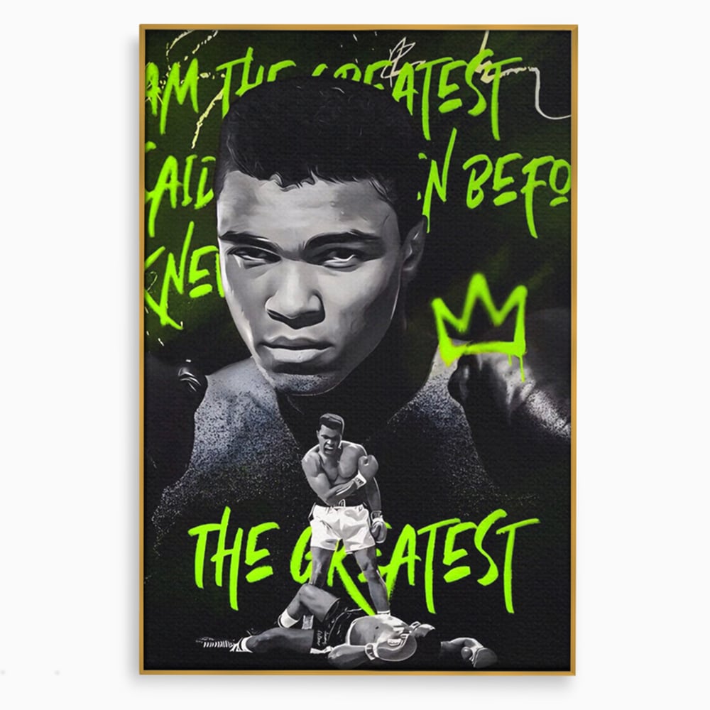 Tablou canvas cu tablou canvas cu portretul lui muhammad ali, in rama de aluminiu auriu