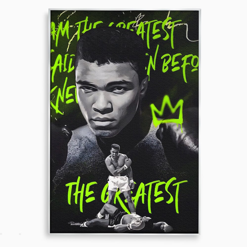 Tablou canvas cu tablou canvas cu portretul lui muhammad ali, in rama de aluminiu argintiu