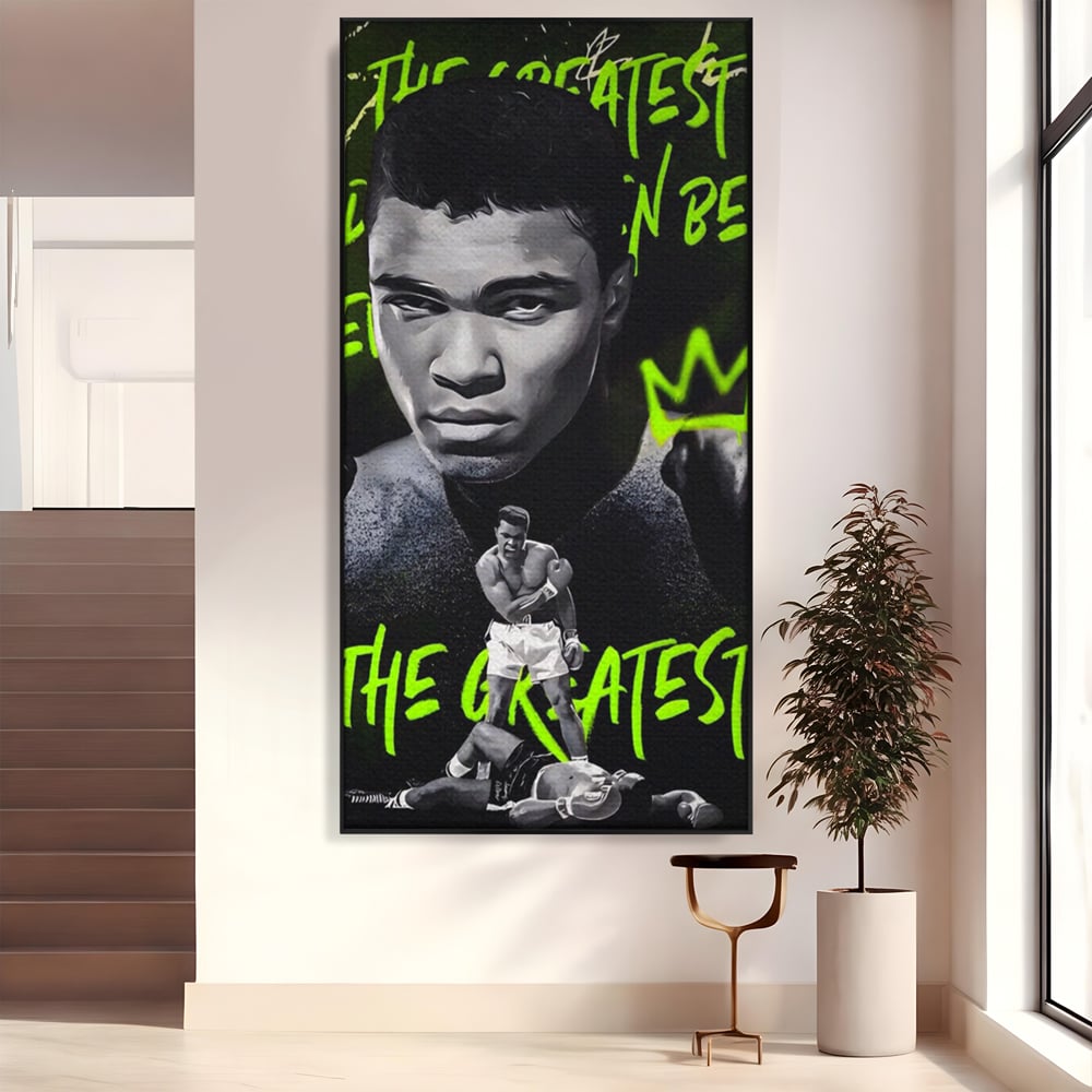 Tablou canvas cu tablou canvas cu portretul lui muhammad ali, in rama de aluminiu negru