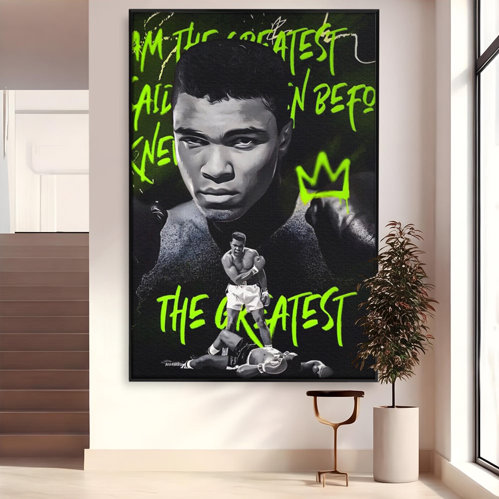Tablou canvas cu tablou canvas cu portretul lui muhammad ali, in rama de aluminiu negru