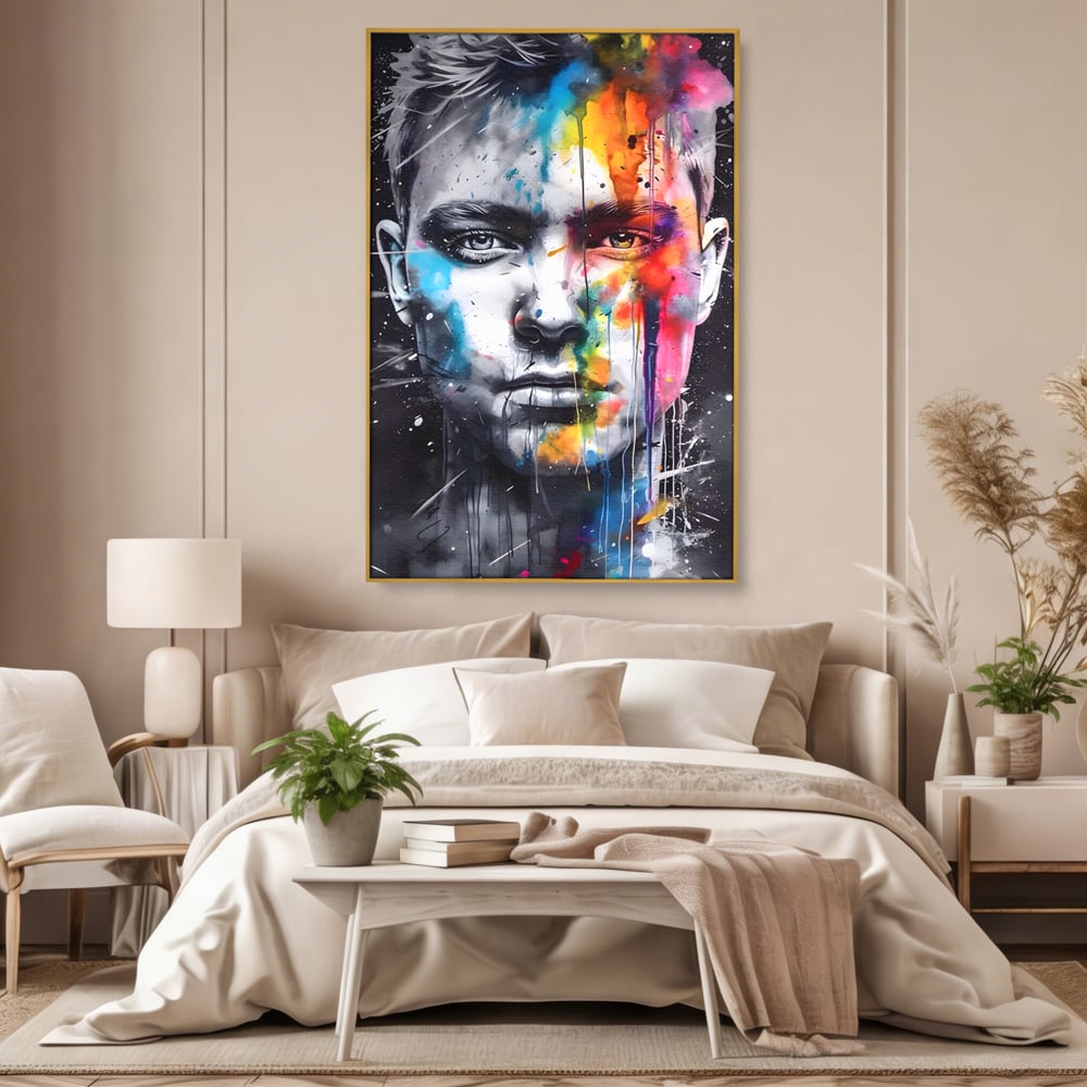 Tablou canvas cu tablou canvas portret barbat cu pete de culoare, in rama de aluminiu auriu, pe perete intr-un dormitor