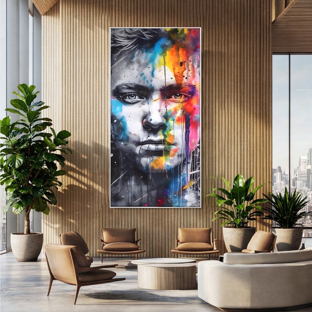 Tablou canvas cu tablou canvas portret barbat cu pete de culoare, in rama de aluminiu argintiu, pe perete intr-un birou