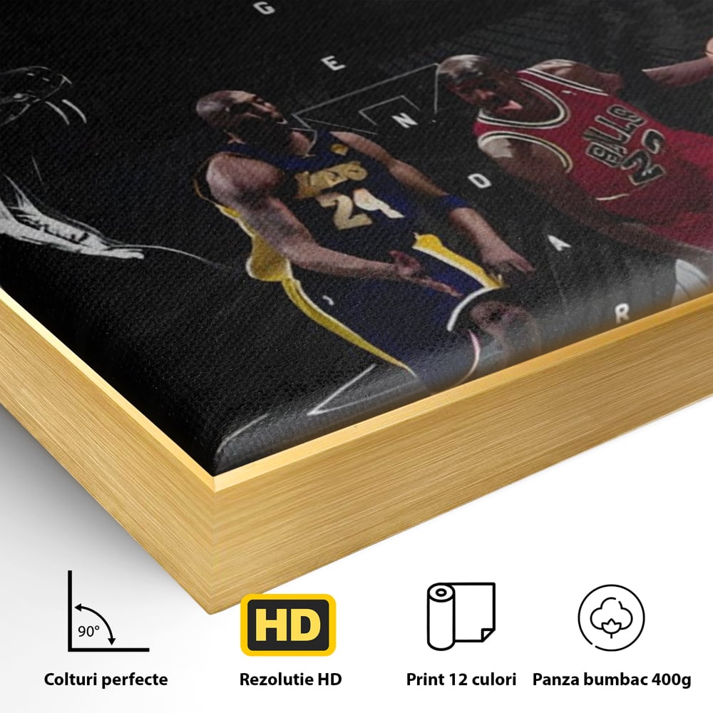 Detaliu al suprafetei: tablou canvas cu michael jordan si kobe bryant, in rama de aluminiu auriu