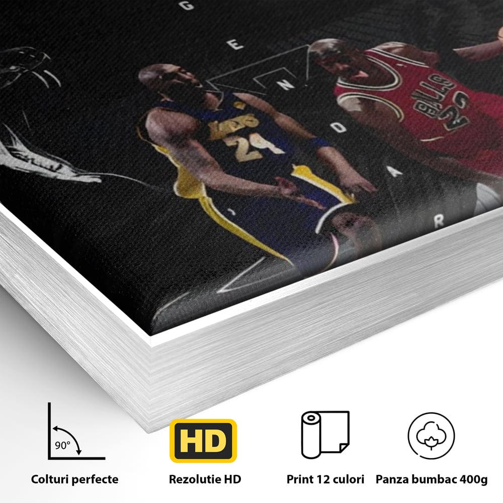 Detaliu al suprafetei: tablou canvas cu michael jordan si kobe bryant, in rama de aluminiu argintiu