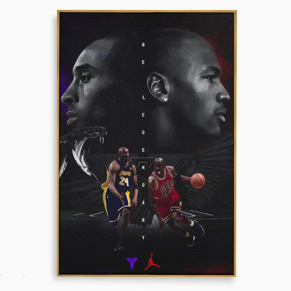 Tablou canvas cu tablou canvas cu michael jordan si kobe bryant, in rama de aluminiu auriu