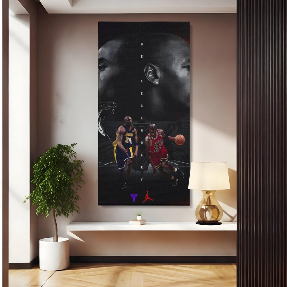Tablou canvas cu tablou canvas cu michael jordan si kobe bryant, fara rama, pe sasiu de lemn
