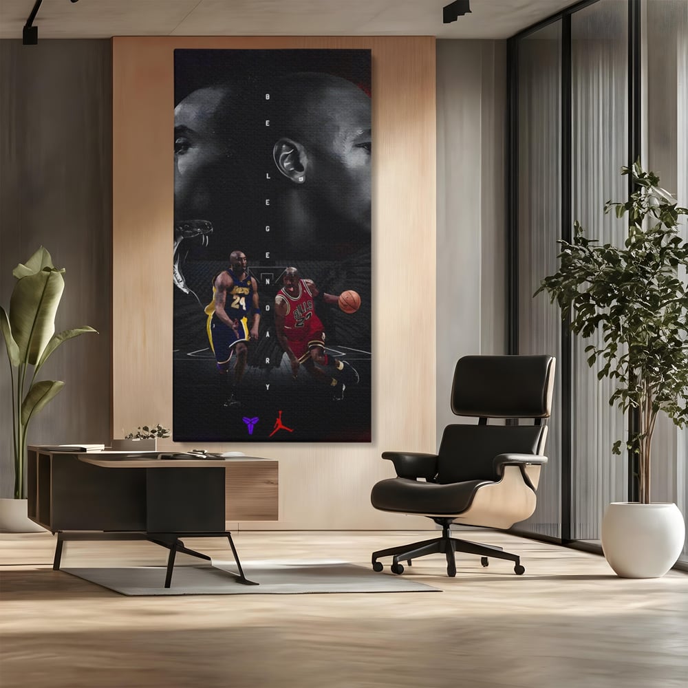 Tablou canvas cu tablou canvas cu michael jordan si kobe bryant, fara rama, pe sasiu de lemn, pe perete intr-un birou