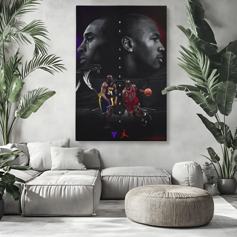Tablou canvas cu tablou canvas cu michael jordan si kobe bryant, fara rama, pe sasiu de lemn, pe perete intr-un living