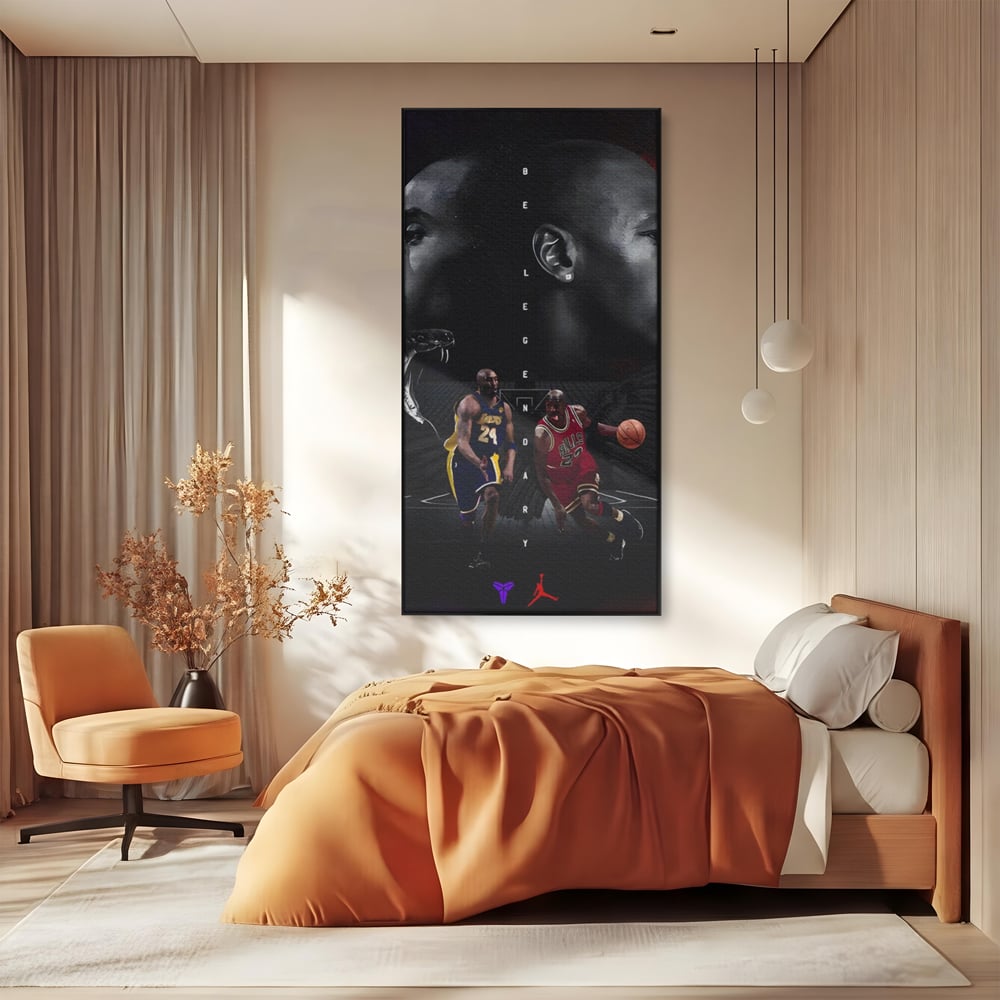 Tablou canvas cu tablou canvas cu michael jordan si kobe bryant, in rama de aluminiu negru, pe perete intr-un dormitor