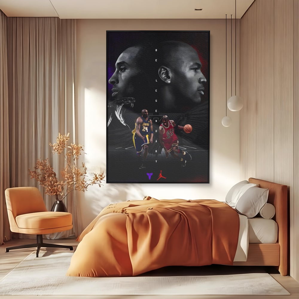 Tablou canvas cu tablou canvas cu michael jordan si kobe bryant, in rama de aluminiu negru, pe perete intr-un dormitor