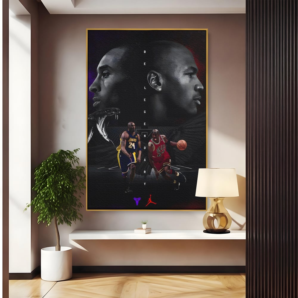 Tablou canvas cu tablou canvas cu michael jordan si kobe bryant, in rama de aluminiu auriu