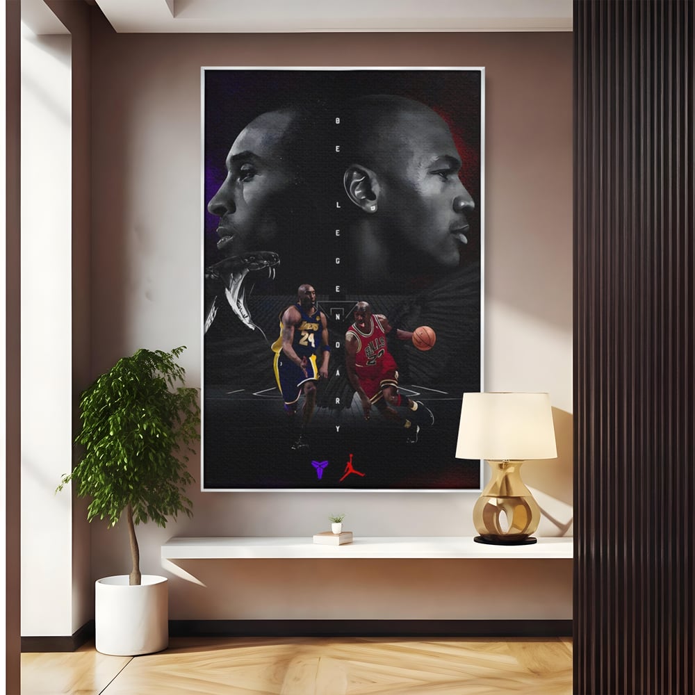 Tablou canvas cu tablou canvas cu michael jordan si kobe bryant, in rama de aluminiu argintiu