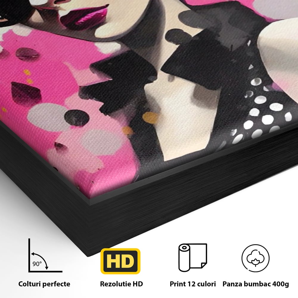 Detaliu al suprafetei: tablou canvas cu femeie stilizata, in rama de aluminiu negru