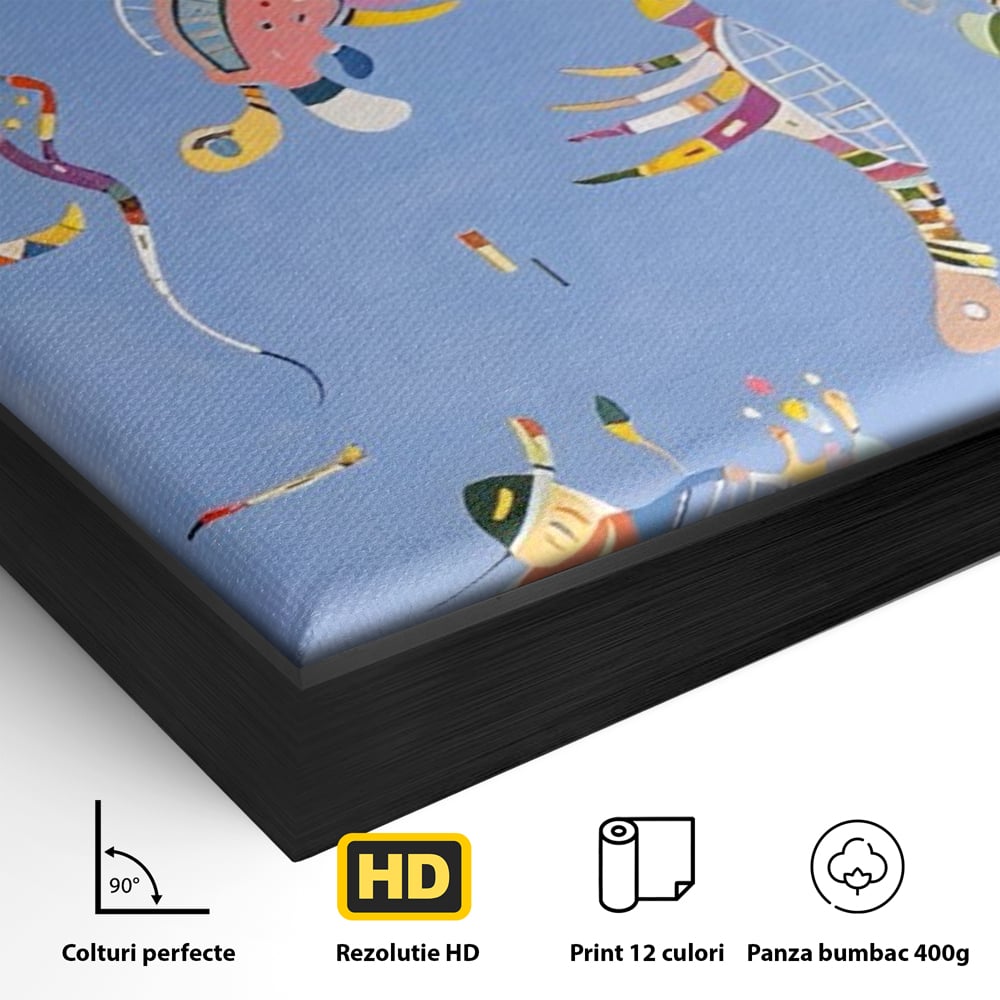 Detaliu al suprafetei: tablou canvas cu animale acvatice stilizate, in rama de aluminiu negru