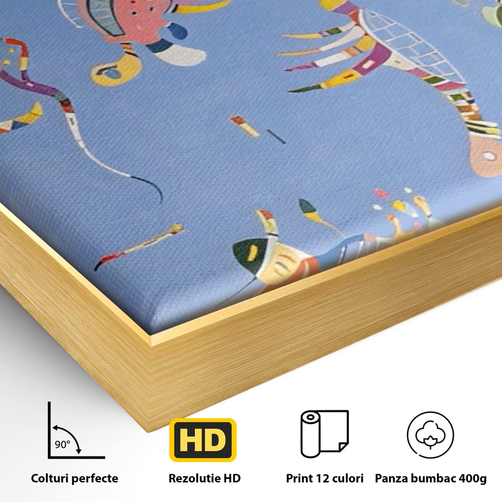 Detaliu al suprafetei: tablou canvas cu animale acvatice stilizate, in rama de aluminiu auriu