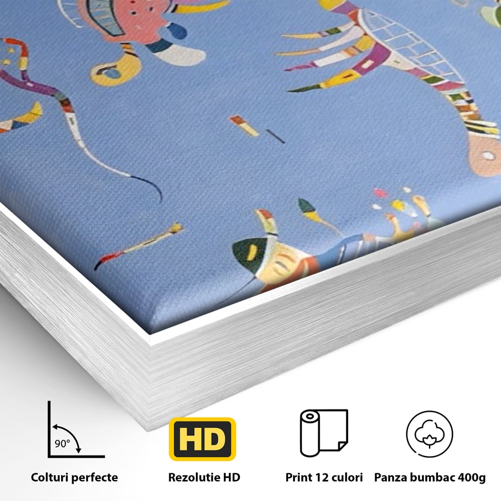 Detaliu al suprafetei: tablou canvas cu animale acvatice stilizate, in rama de aluminiu argintiu