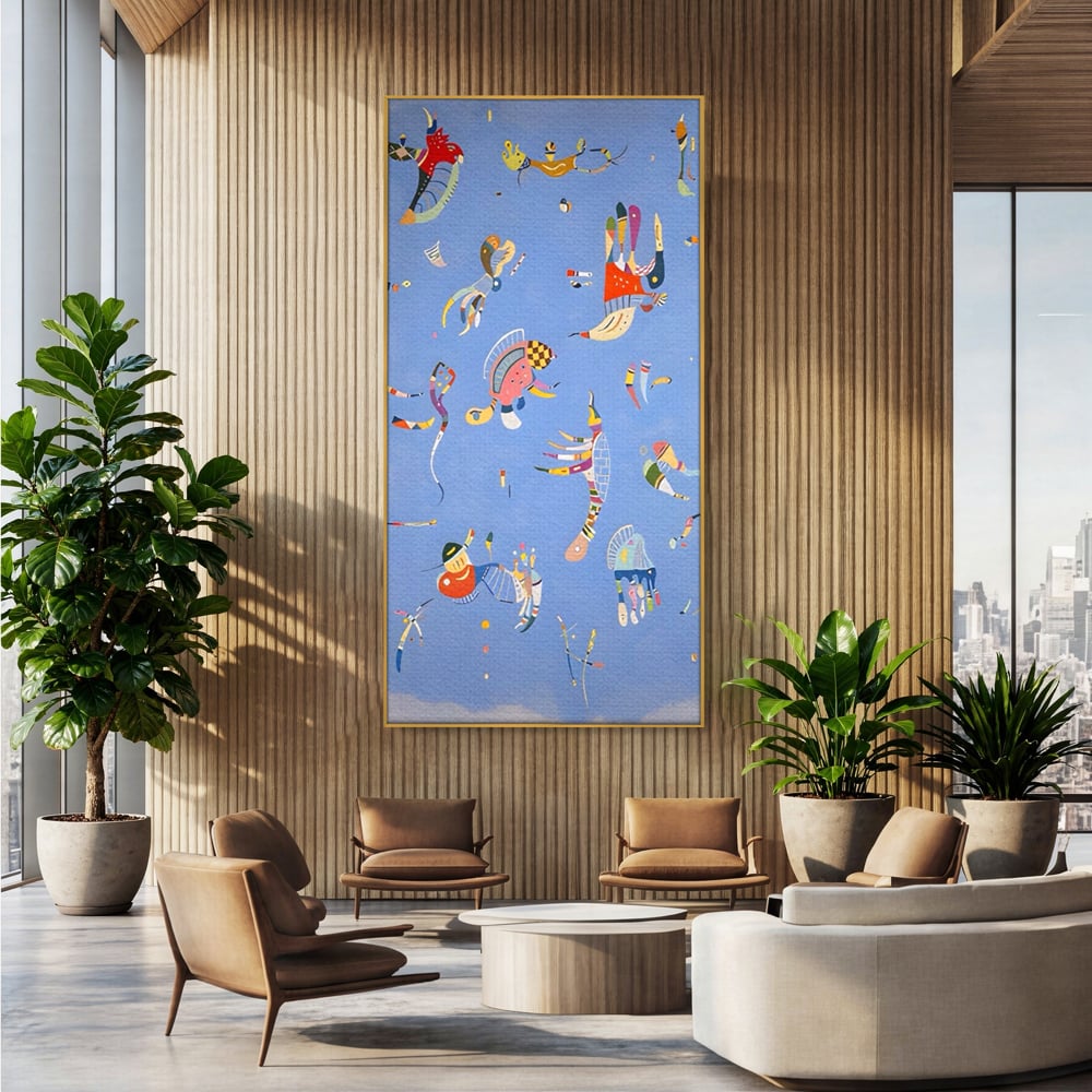 Tablou canvas cu tablou canvas cu animale acvatice stilizate, in rama de aluminiu auriu, pe perete intr-un birou