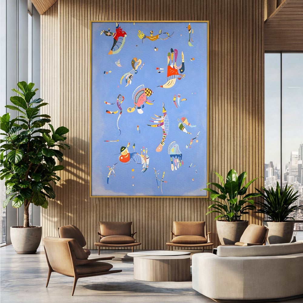 Tablou canvas cu tablou canvas cu animale acvatice stilizate, in rama de aluminiu auriu, pe perete intr-un birou