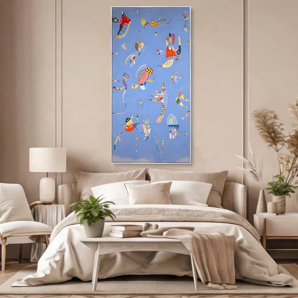 Tablou canvas cu tablou canvas cu animale acvatice stilizate, in rama de aluminiu argintiu, pe perete intr-un dormitor