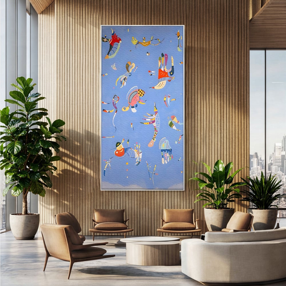 Tablou canvas cu tablou canvas cu animale acvatice stilizate, in rama de aluminiu argintiu, pe perete intr-un birou