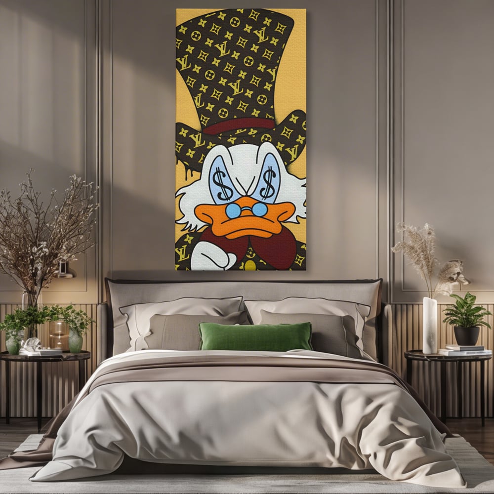 Tablou canvas cu tablou canvas cu rata si semne de dolar, fara rama, pe sasiu de lemn, pe perete intr-un dormitor
