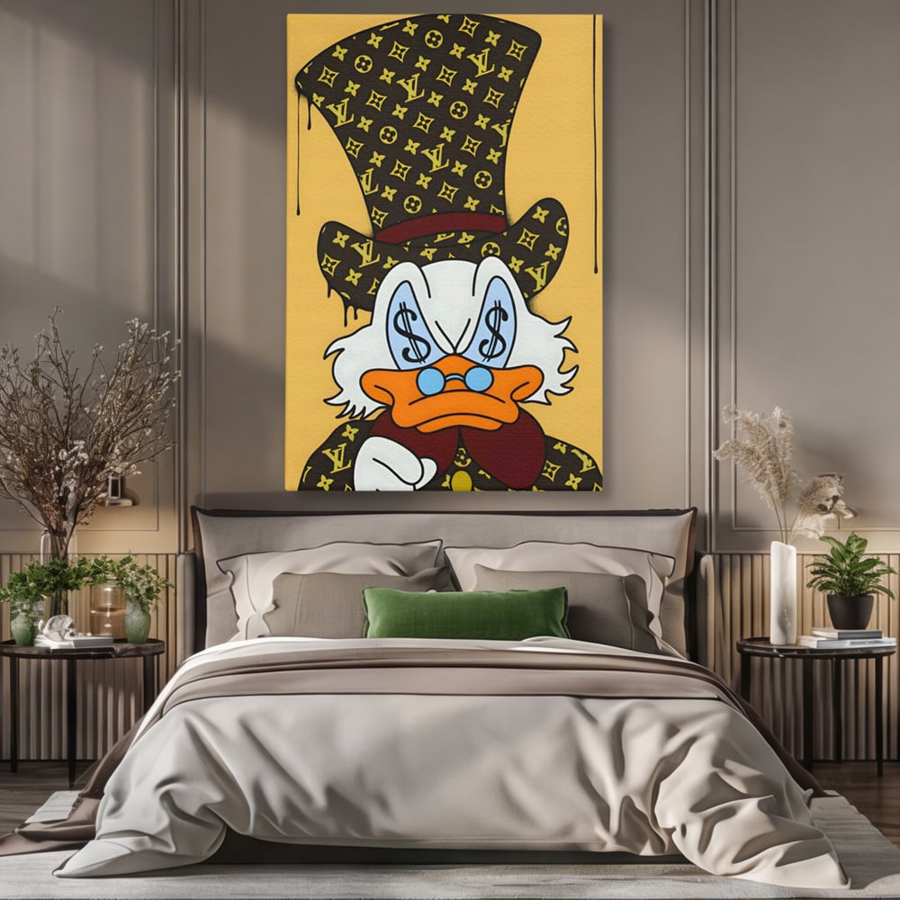 Tablou canvas cu tablou canvas cu rata si semne de dolar, fara rama, pe sasiu de lemn, pe perete intr-un dormitor