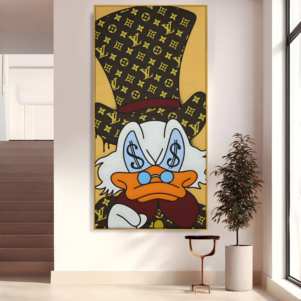 Tablou canvas cu tablou canvas cu rata si semne de dolar, in rama de aluminiu auriu