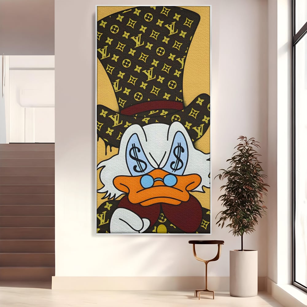 Tablou canvas cu tablou canvas cu rata si semne de dolar, in rama de aluminiu argintiu