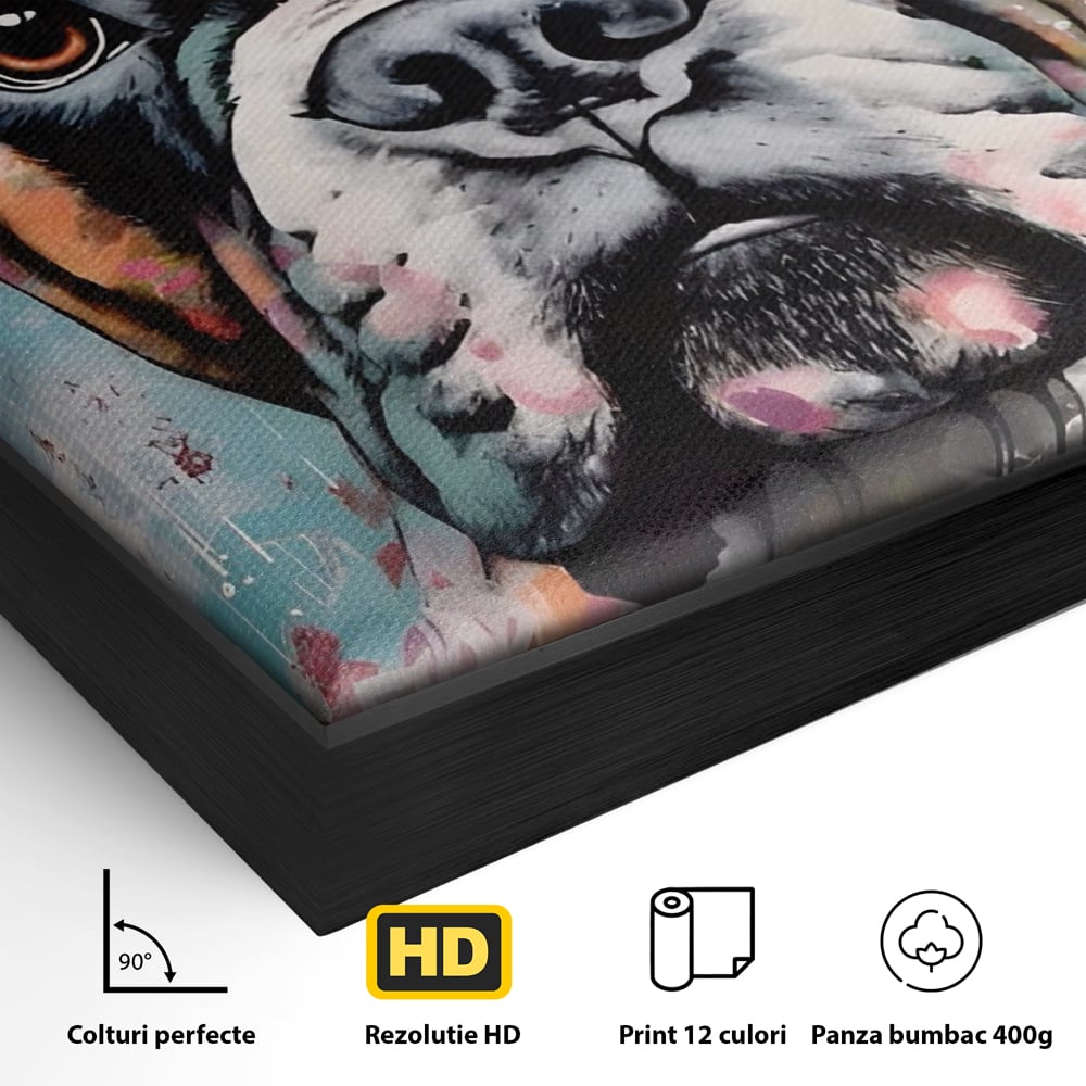 Detaliu al suprafetei: tablou canvas cu cap de boxer, in rama de aluminiu negru