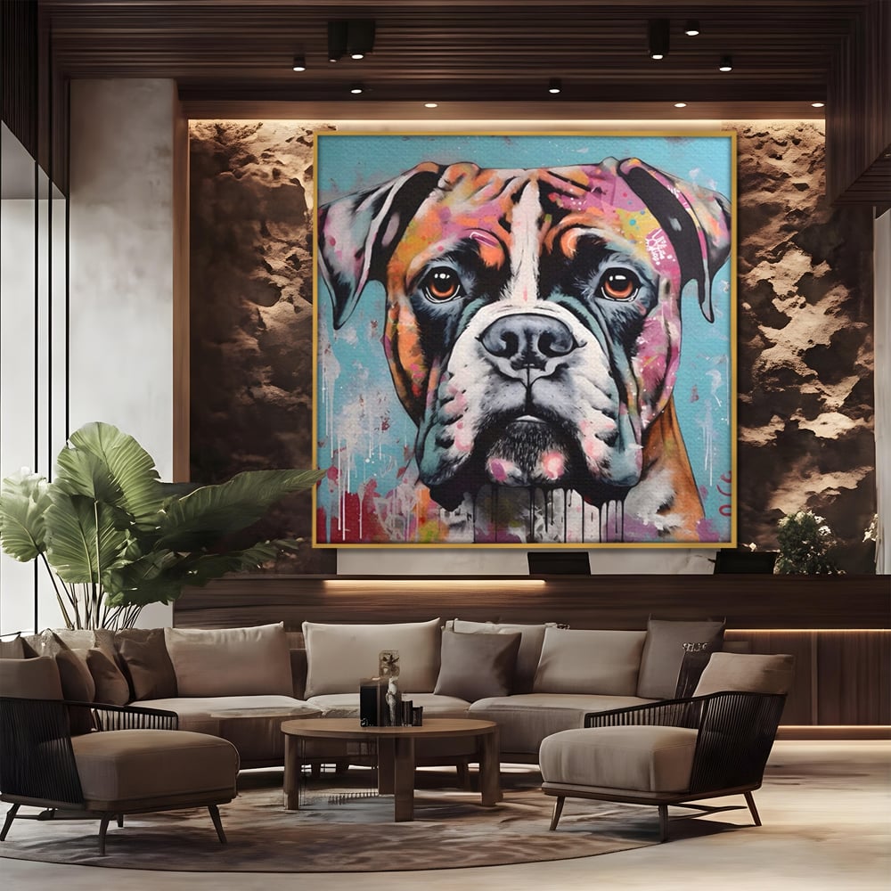Tablou canvas cu tablou canvas cu cap de boxer, in rama de aluminiu auriu, pe perete intr-un birou
