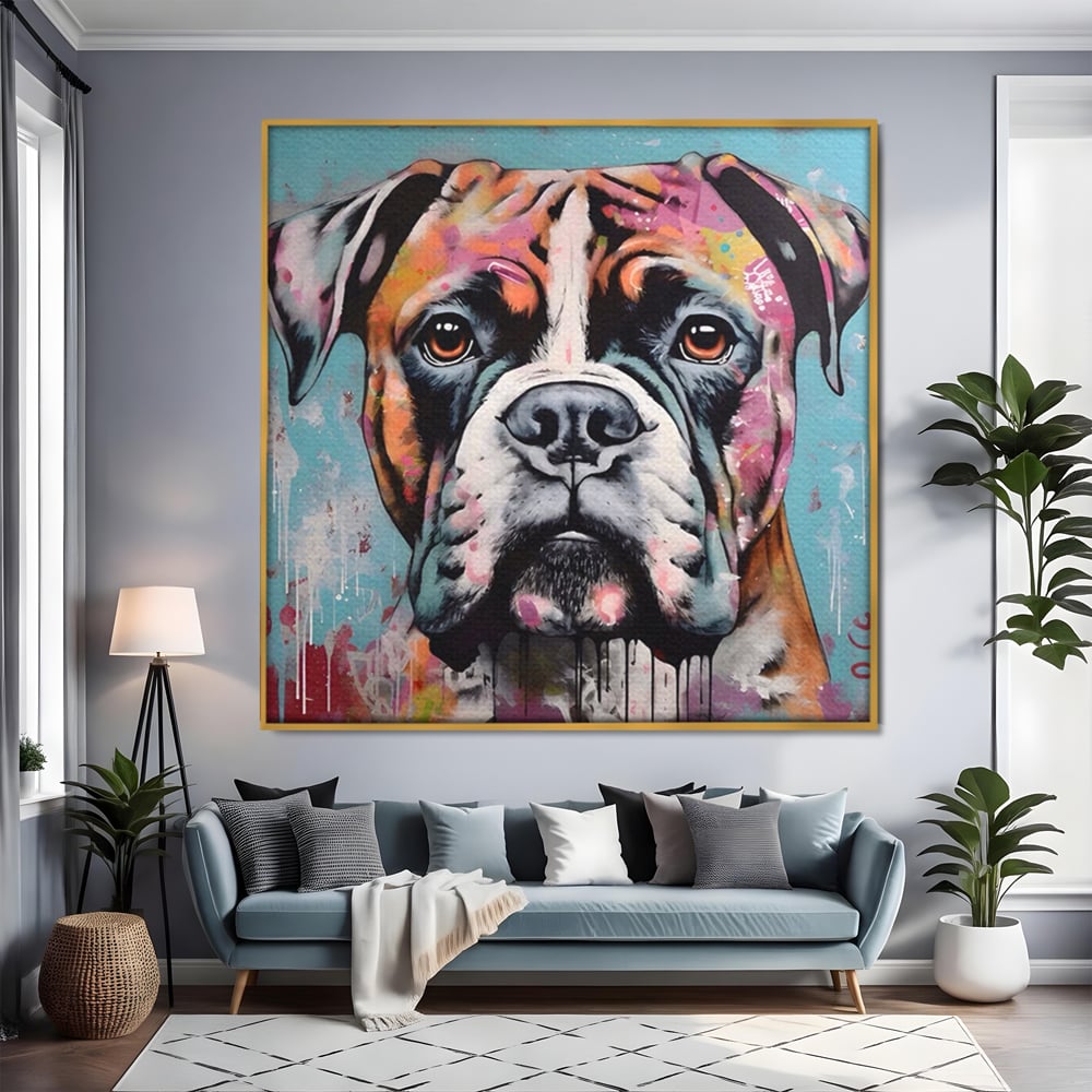 Tablou canvas cu tablou canvas cu cap de boxer, in rama de aluminiu auriu, pe perete intr-un living
