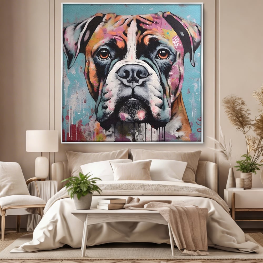 Tablou canvas cu tablou canvas cu cap de boxer, in rama de aluminiu argintiu, pe perete intr-un dormitor