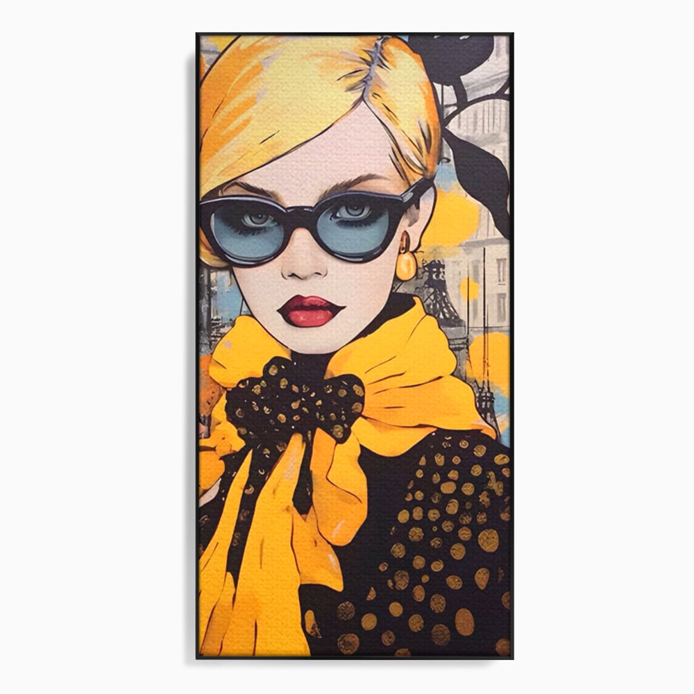 Tablou canvas cu tablou canvas cu portret de femeie blonda, in rama de aluminiu negru