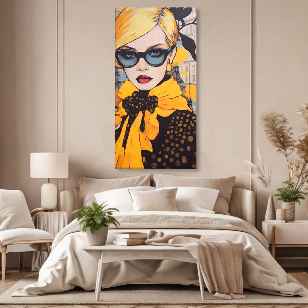 Tablou canvas cu tablou canvas cu portret de femeie blonda, fara rama, pe sasiu de lemn, pe perete intr-un dormitor