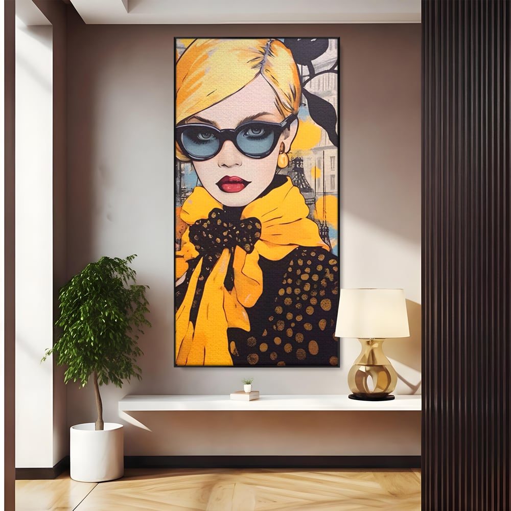 Tablou canvas cu tablou canvas cu portret de femeie blonda, in rama de aluminiu negru
