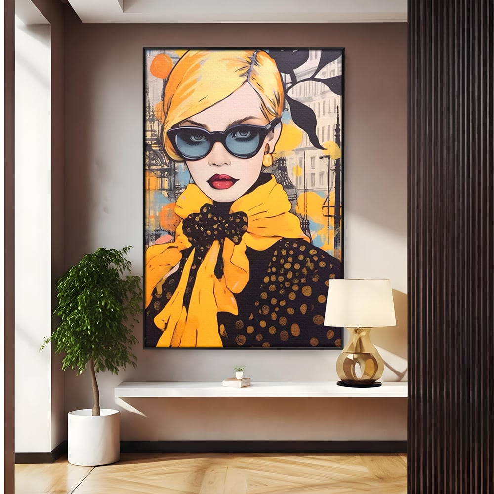 Tablou canvas cu tablou canvas cu portret de femeie blonda, in rama de aluminiu negru
