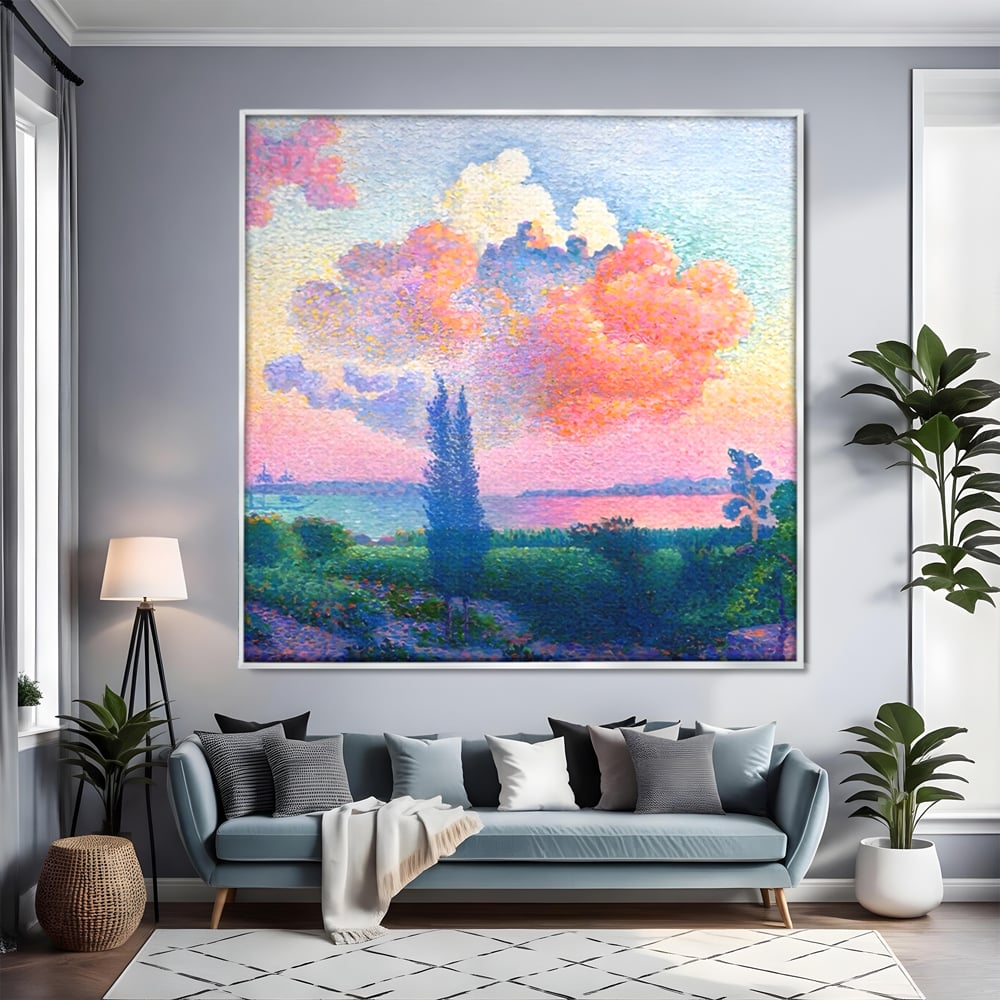 Tablou canvas cu tablou pictura cu nor roz, in rama de aluminiu argintiu, pe perete intr-un living