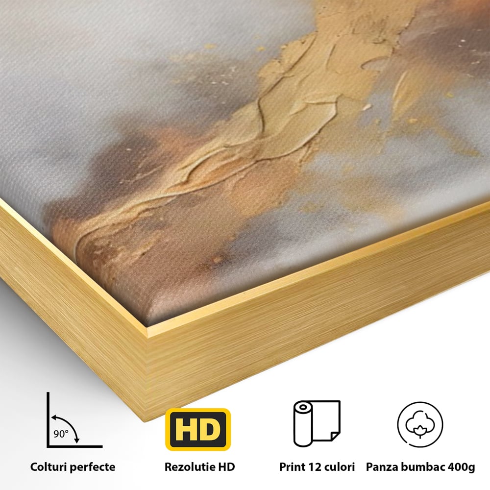 Detaliu al suprafetei: pictura abstracta cu tusa aurie in relief, in rama de aluminiu auriu